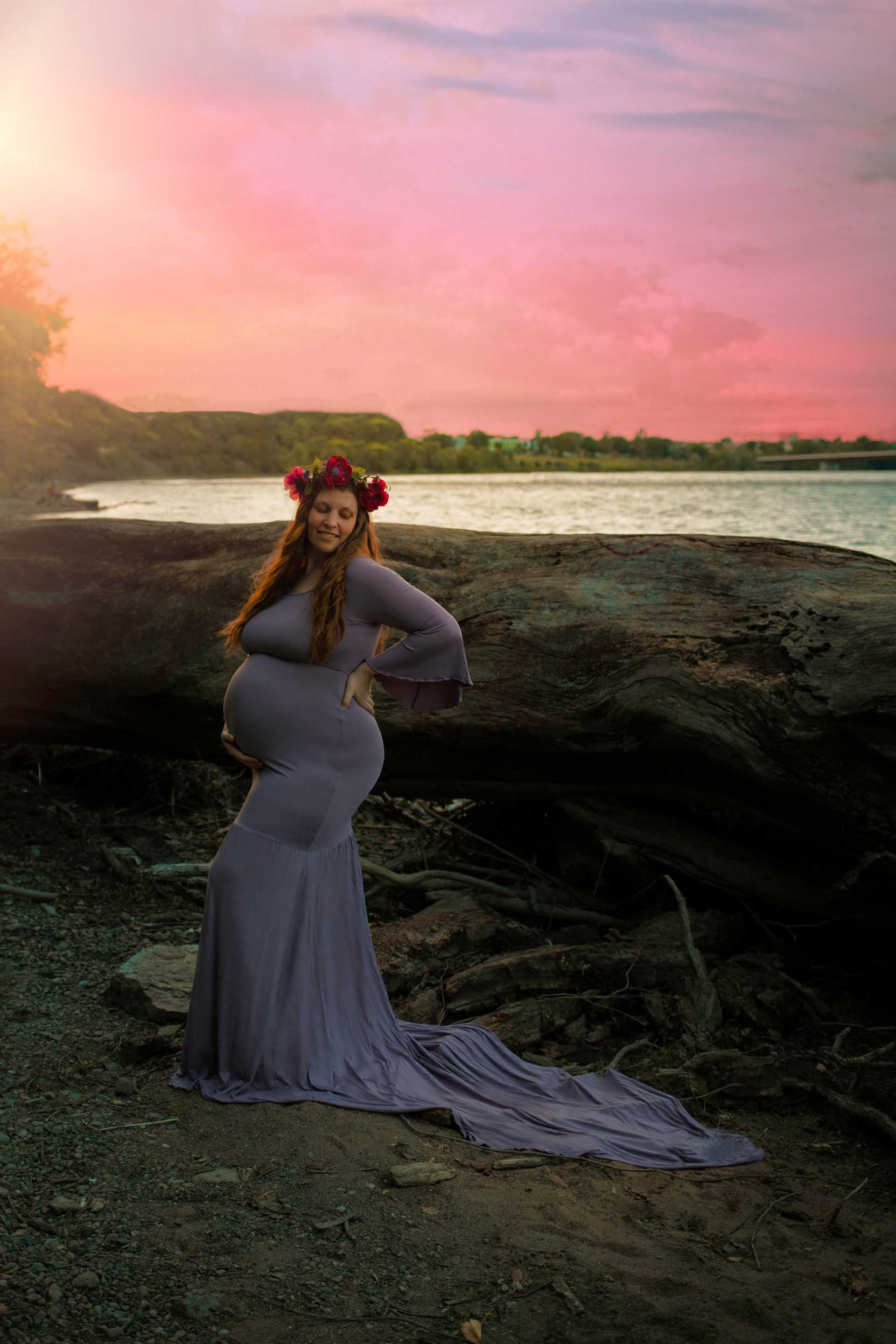 maternity session on beach with sunset and chicaboo lavender juliet dress minneapolis maternity photographer