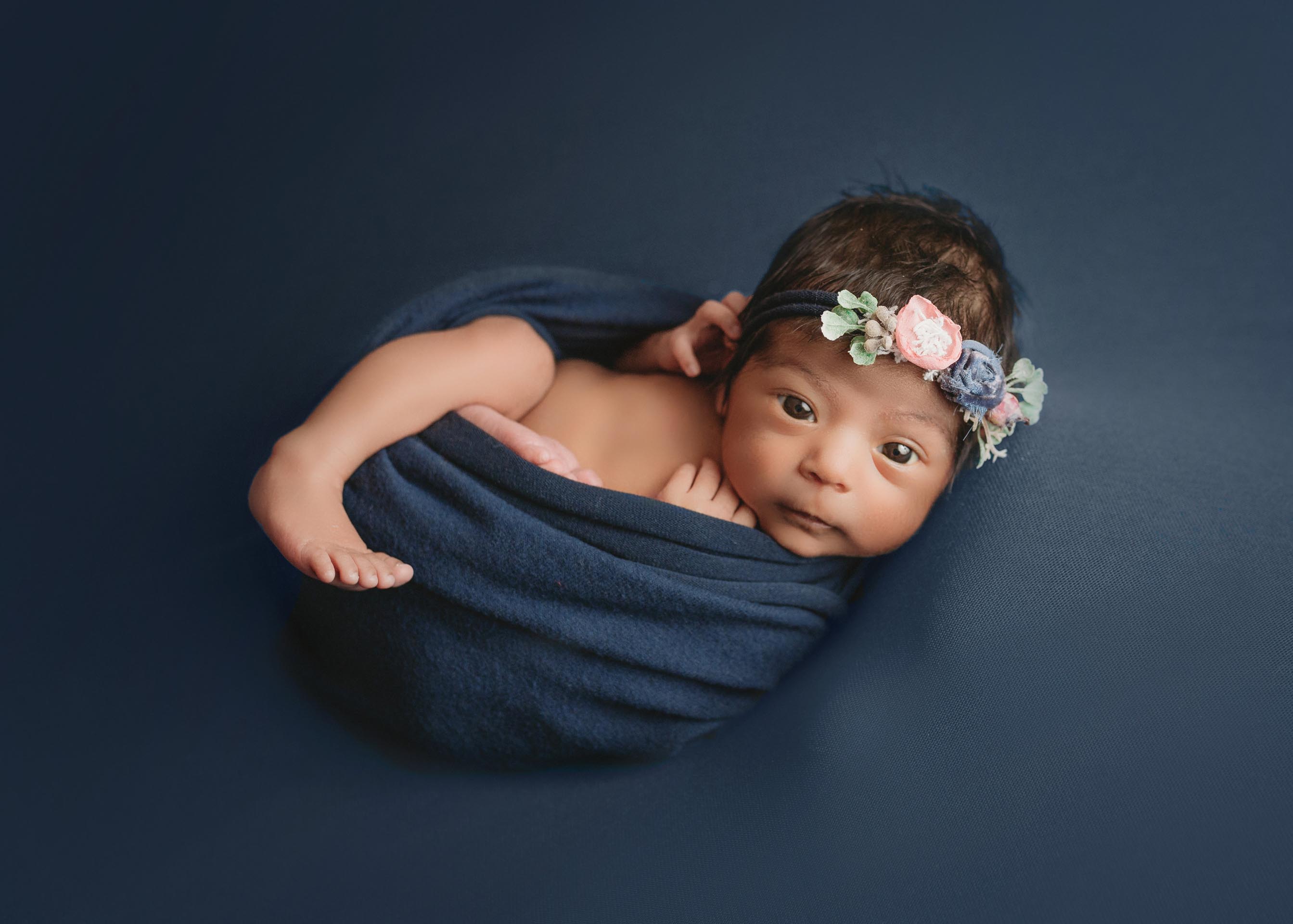 baby girl on navy blue with floral headband for minneapolis newborn photography session
