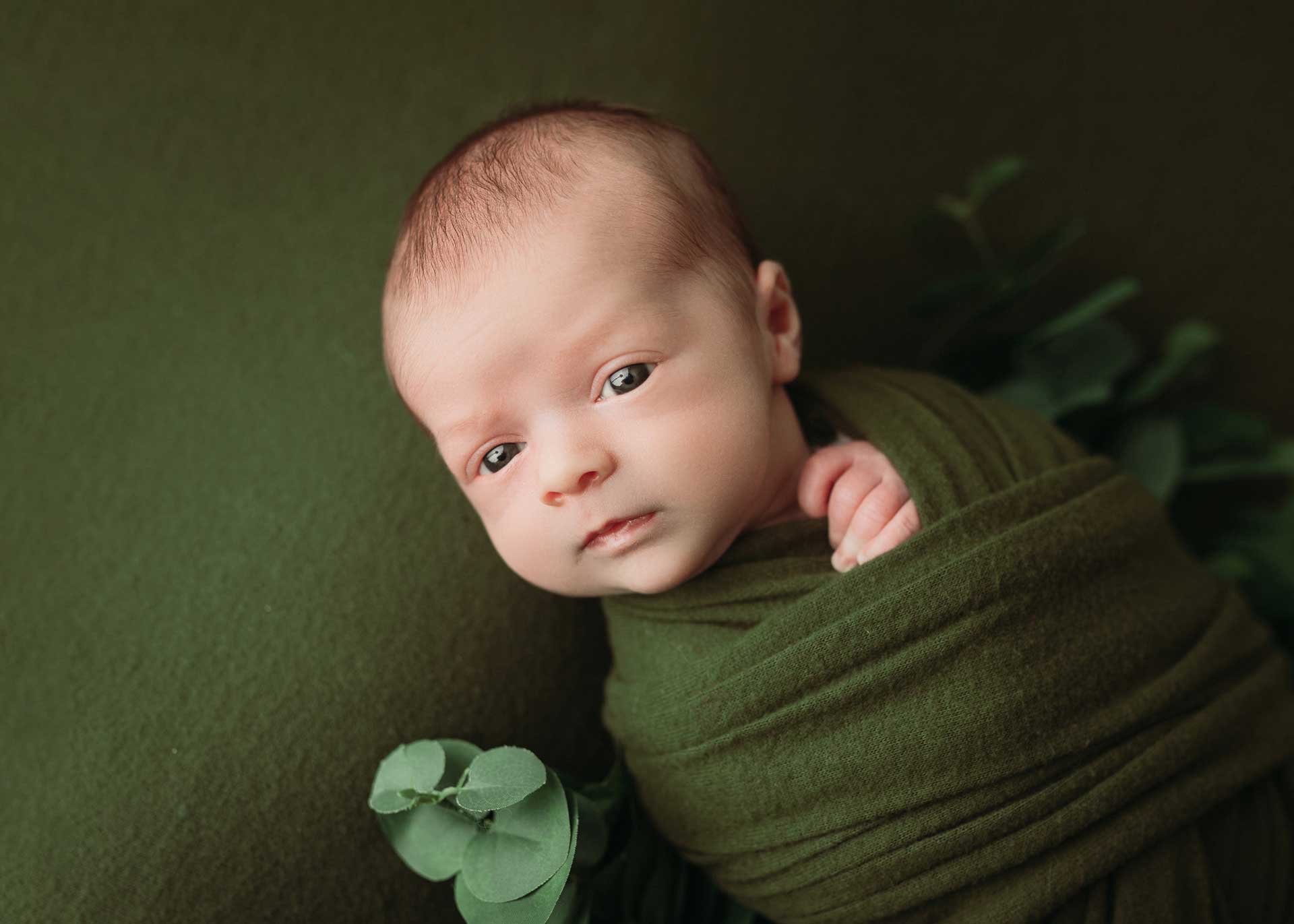awake baby boy on olive green with eucalyptus kona Hawaii big island newborn photographer